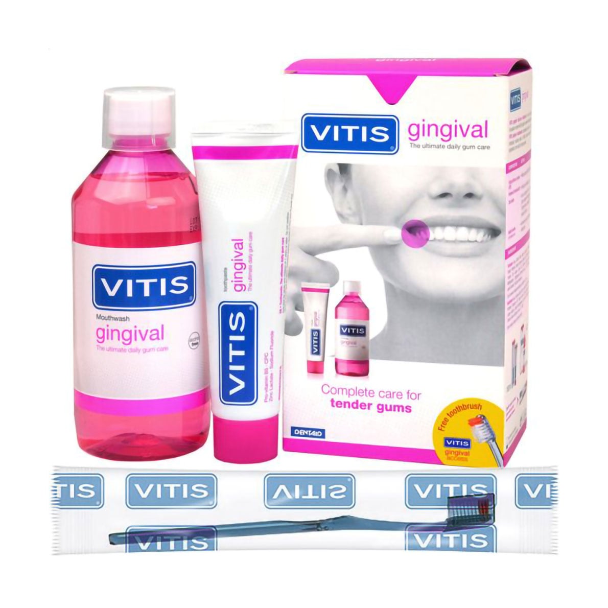Набір для ротової порожнини Dentaid Vitis Healthy Gums (зубна паста, 100 мл + ополіскувач, 500 мл + щітка Gingival м'ятна, 1 шт)