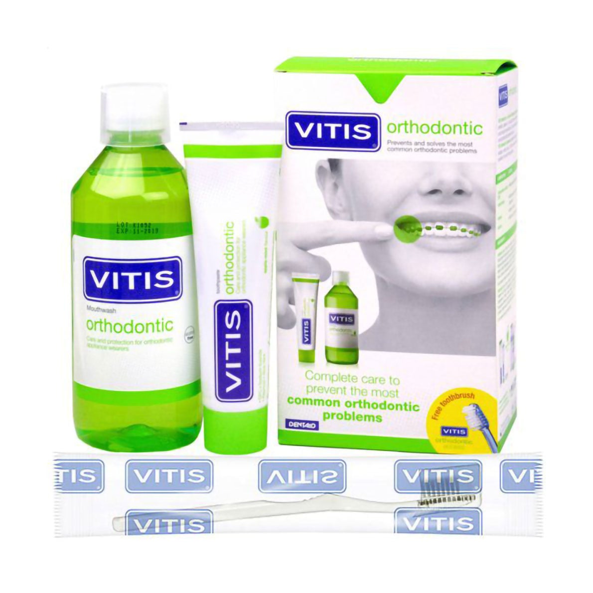 Набір для ротової порожнини Dentaid Vitis Orthodontic (зубна паста, 100 мл + ополіскувач, 500 мл + щітка прозора, 1 шт)